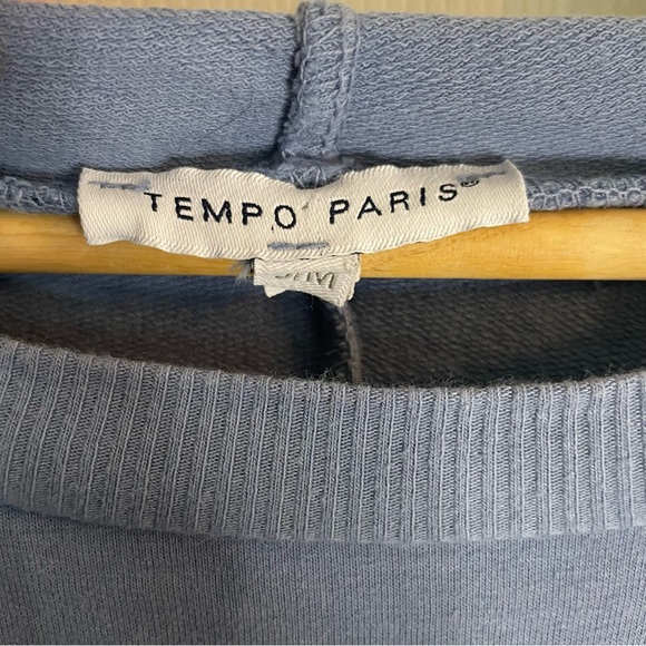 Tempo Paris Light Blue Knit sweater asymmetric fringe hooded ties Size S/M - Picture 2 of 8